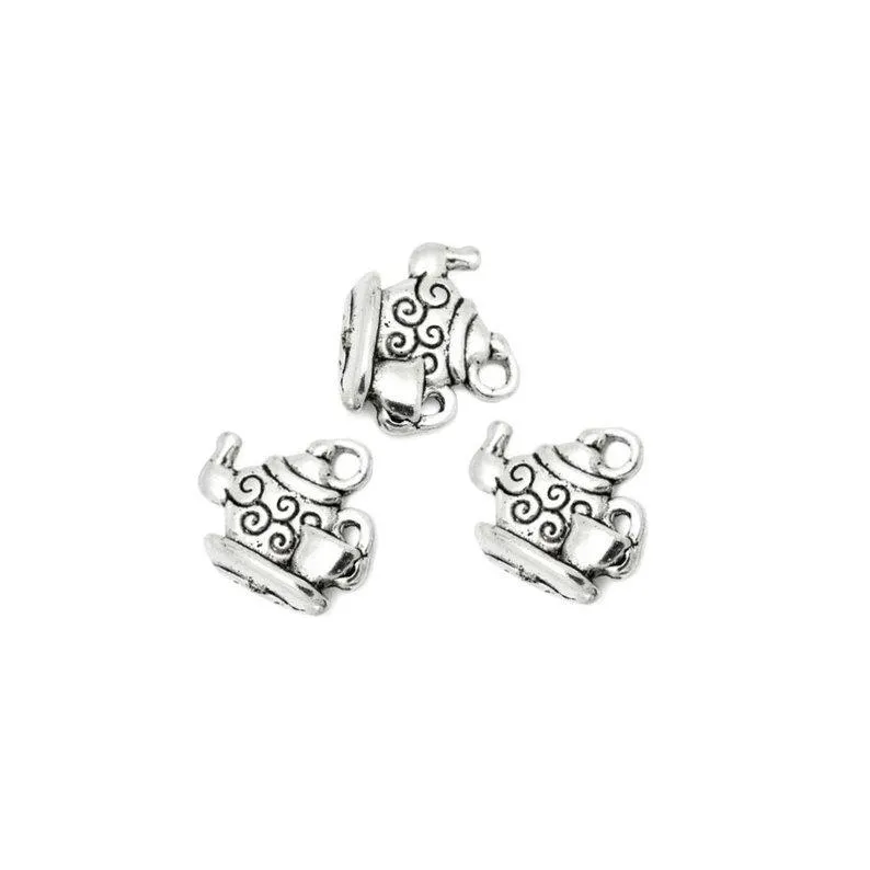 10 Pcs Tibetan Silver Tea Pot and Tea Cup 14X16mm 3D Charms Pendants