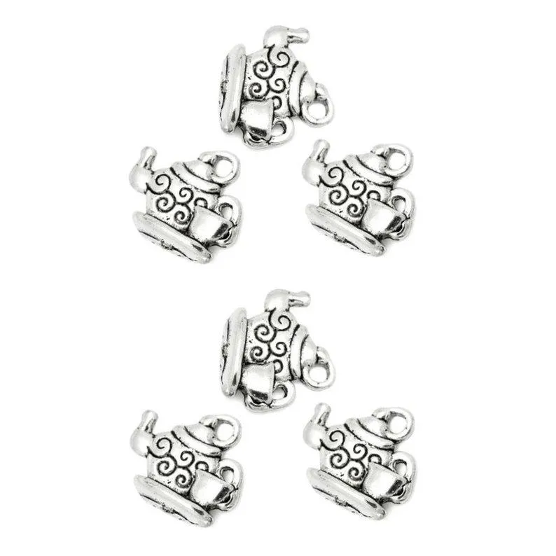 10 Pcs Tibetan Silver Tea Pot and Tea Cup 14X16mm 3D Charms Pendants