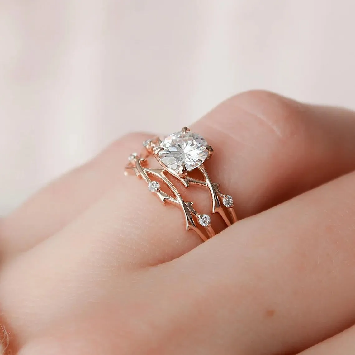 1.2CT Vintage Moissanite Engagement Ring Set Twig Vine Moissanite Wedding Band In Pink Gold