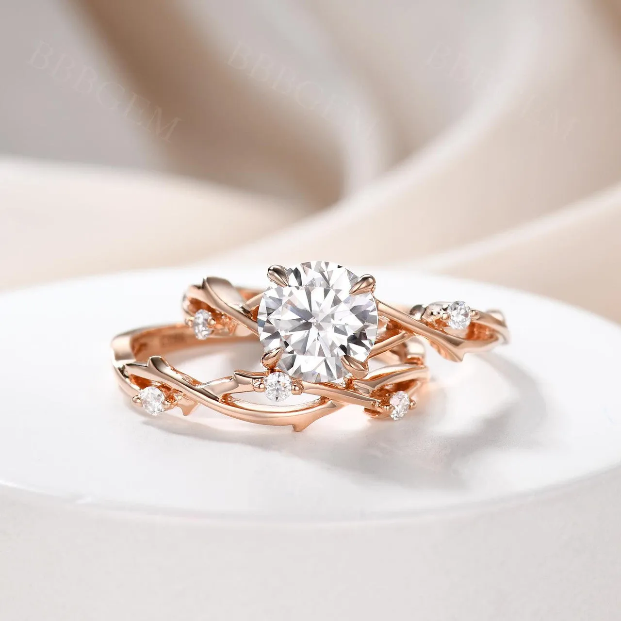 1.2CT Vintage Moissanite Engagement Ring Set Twig Vine Moissanite Wedding Band In Pink Gold