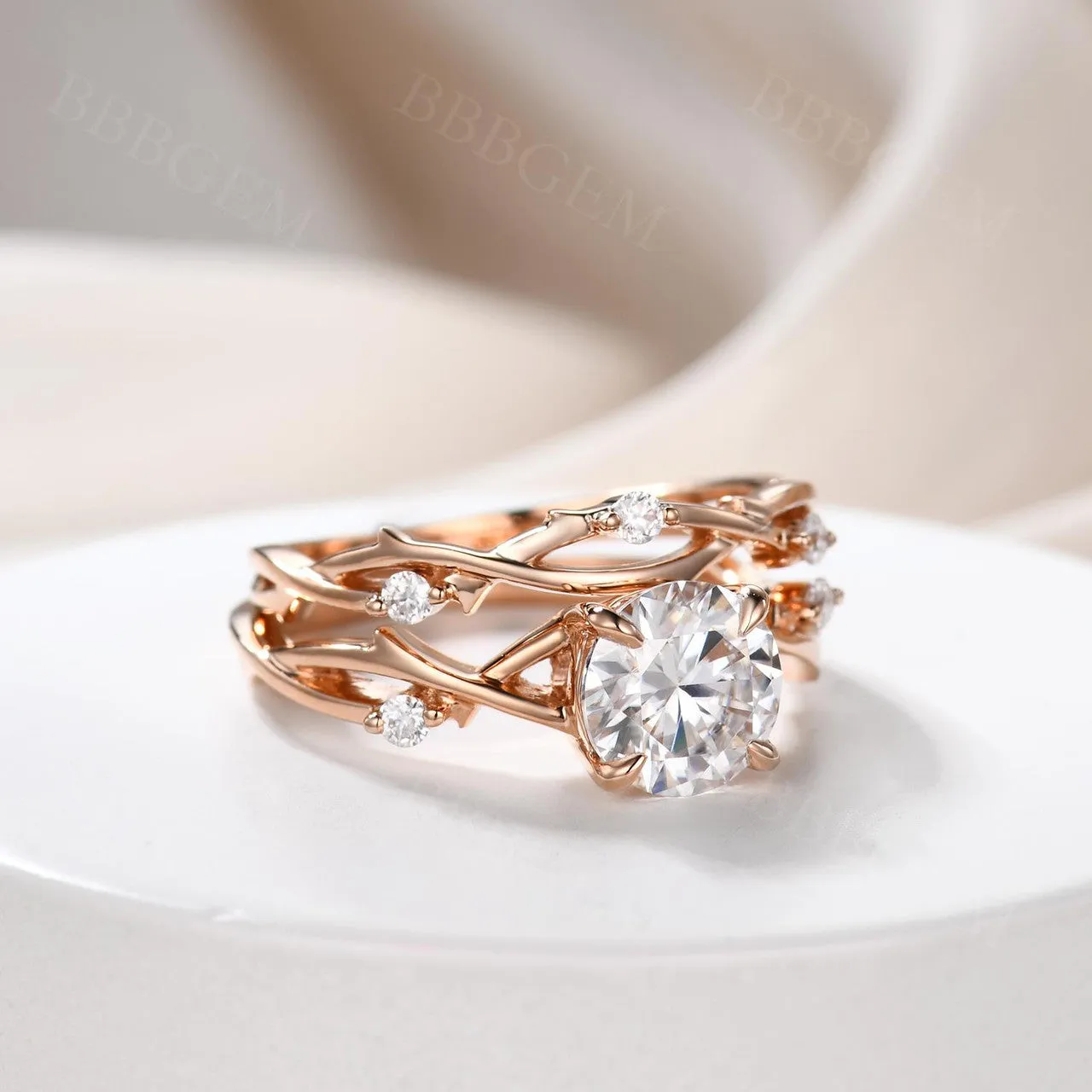 1.2CT Vintage Moissanite Engagement Ring Set Twig Vine Moissanite Wedding Band In Pink Gold