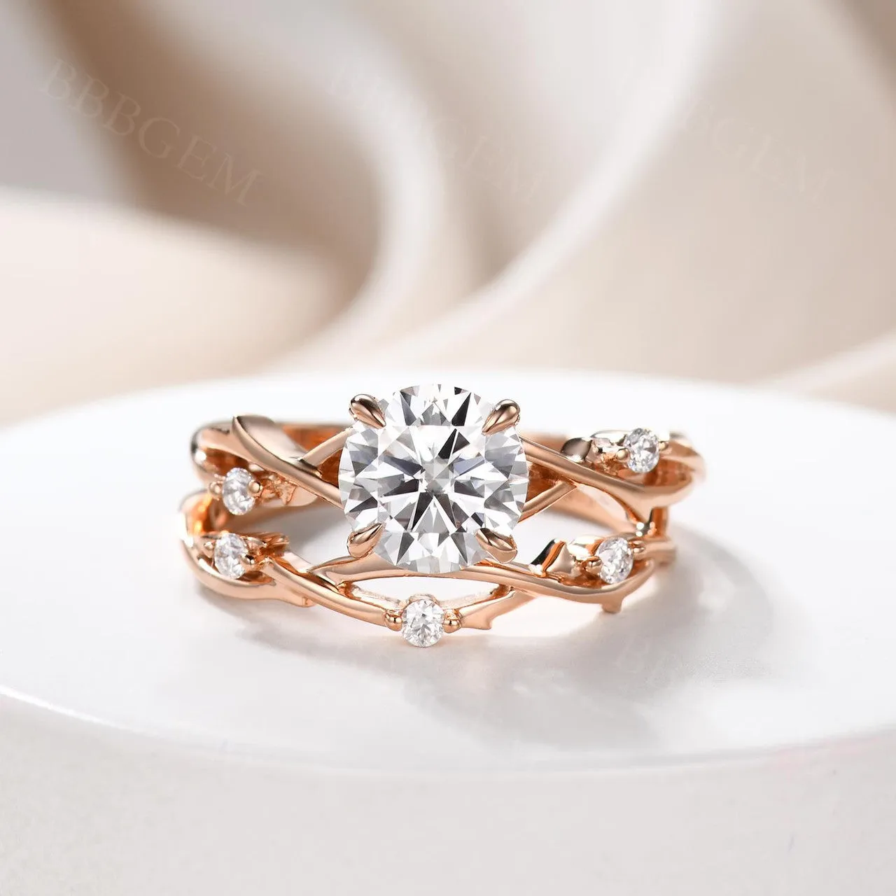 1.2CT Vintage Moissanite Engagement Ring Set Twig Vine Moissanite Wedding Band In Pink Gold