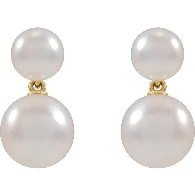 14K Gold Cultured Freshwater Double Pearl Earrings