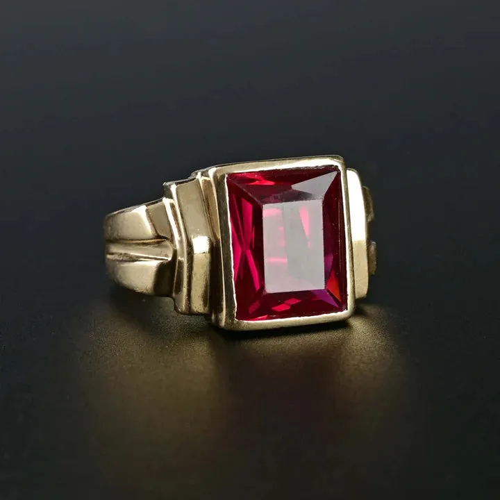 14k Gold Vermeil Emerald Cut Ruby Signet Art deco RIng