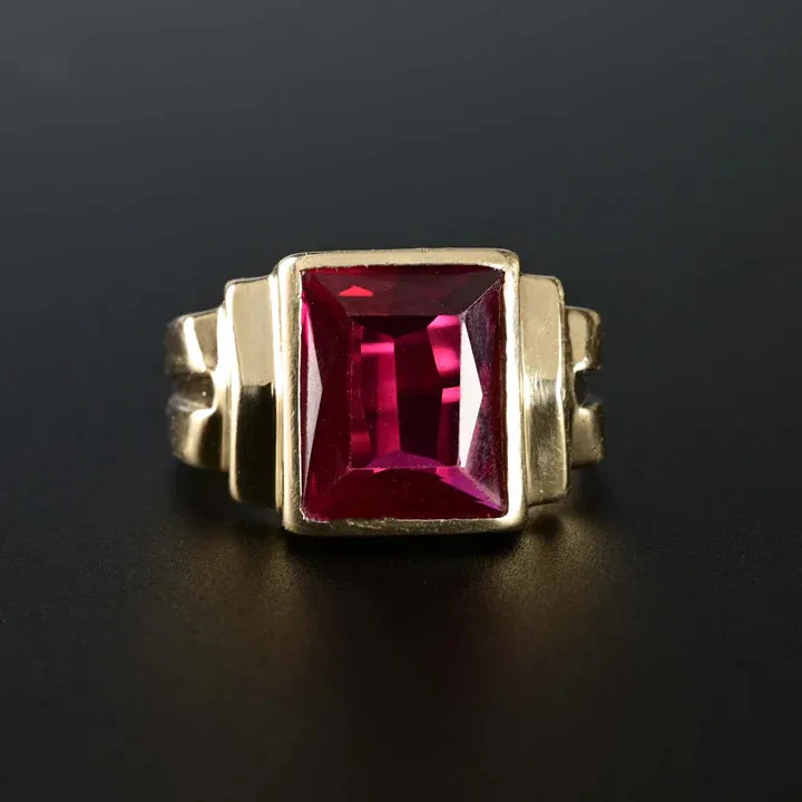 14k Gold Vermeil Emerald Cut Ruby Signet Art deco RIng