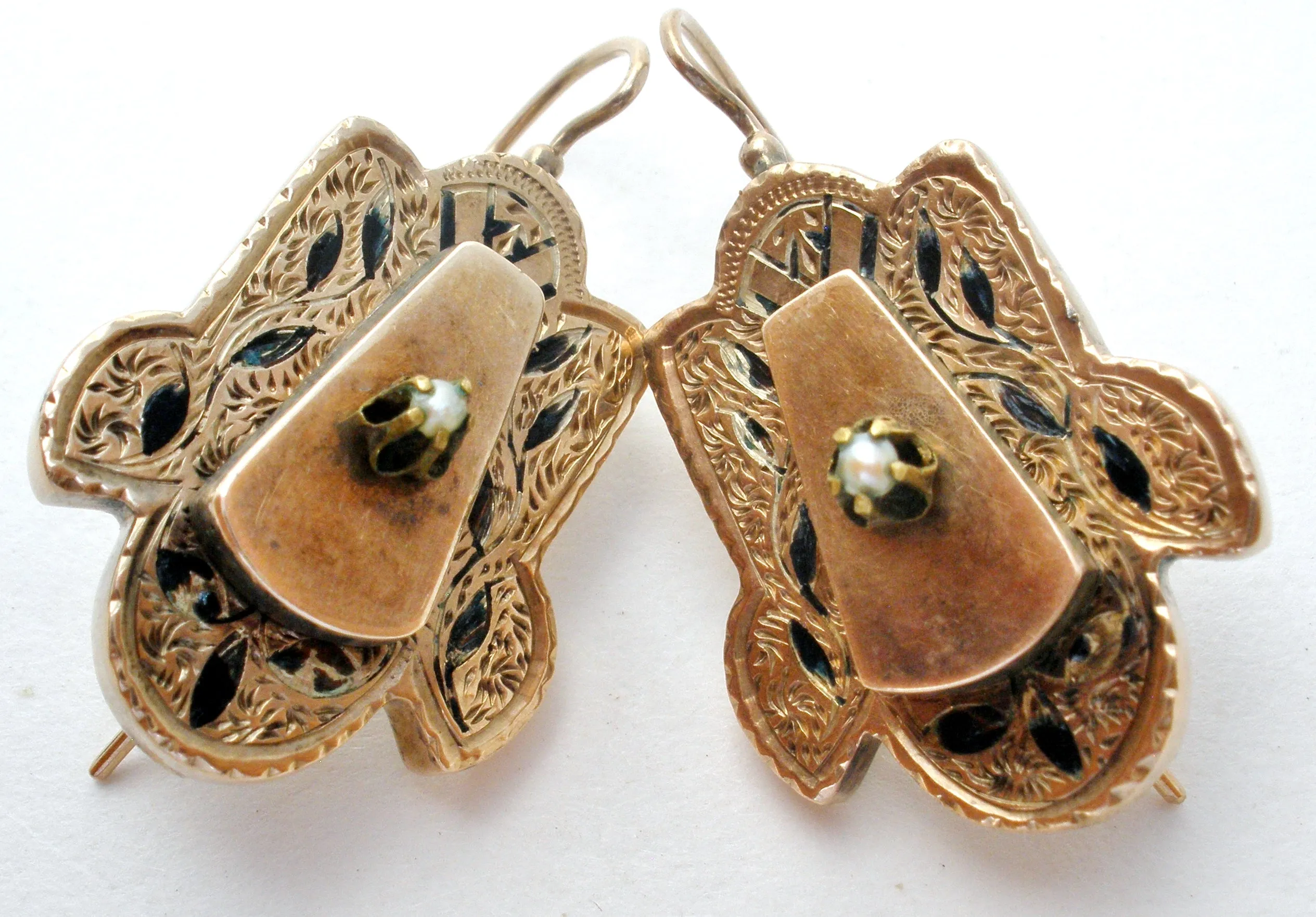 14K Gold Victorian Pierced Dangle Earrings