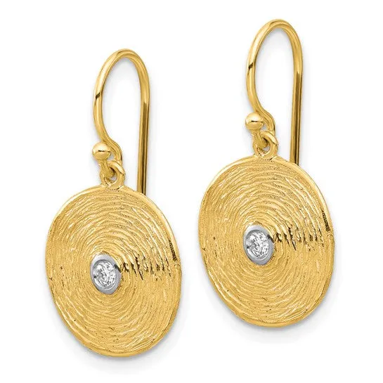 14K Textured Diamond Swirl Circle Shephard Hook Dangle Earrings