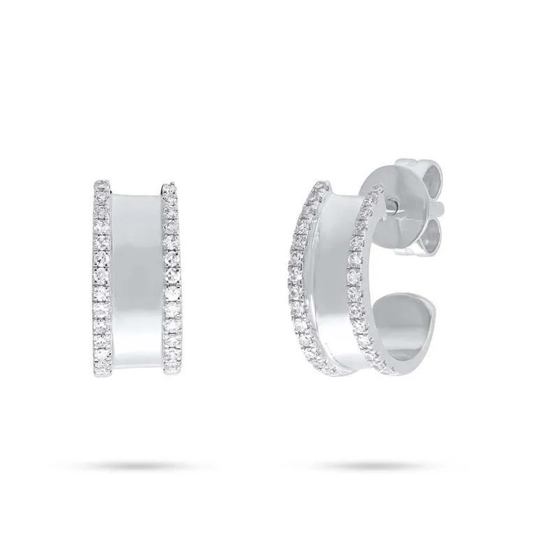 14K White Gold Diamond Border Polished Huggie Earring