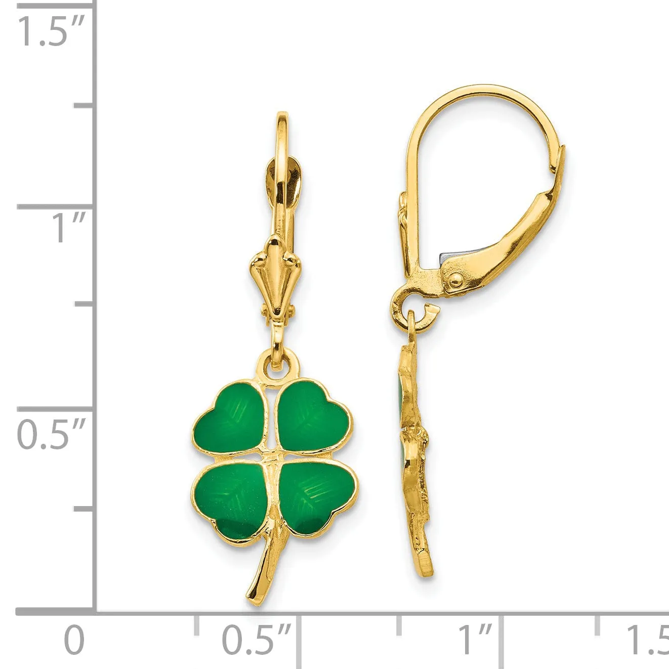 14k Yellow Gold Enameled Clover Leverback Earrings