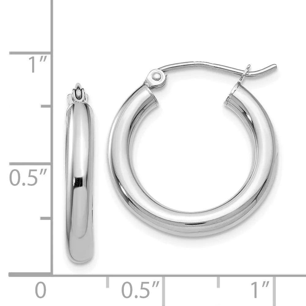 14KT White Gold Polished 3mm Lightweight Tube Hoop Earrings