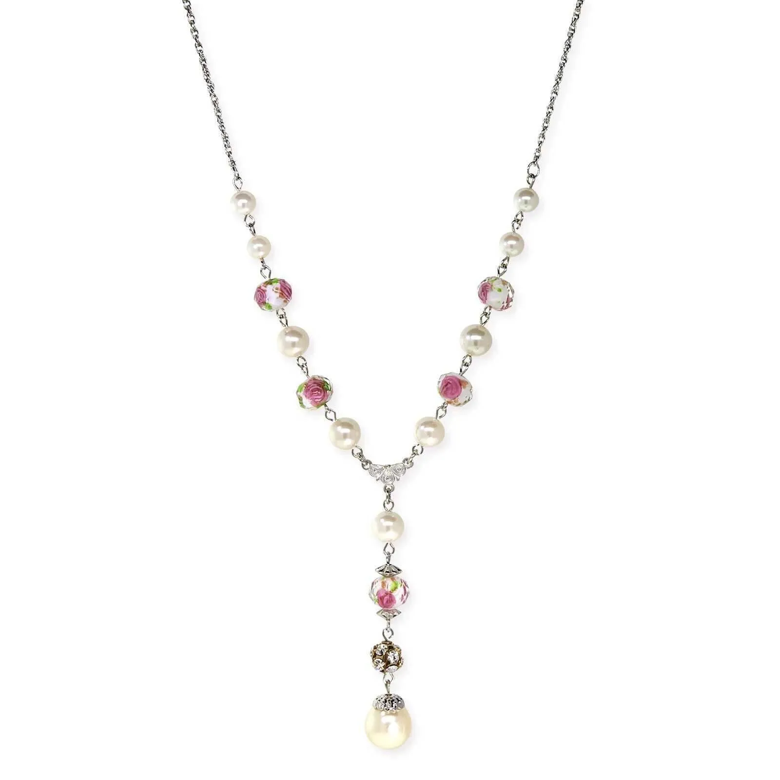 1928 Jewelry Pink Flower Bead Crystal Y-Necklace 16"   3" Extender