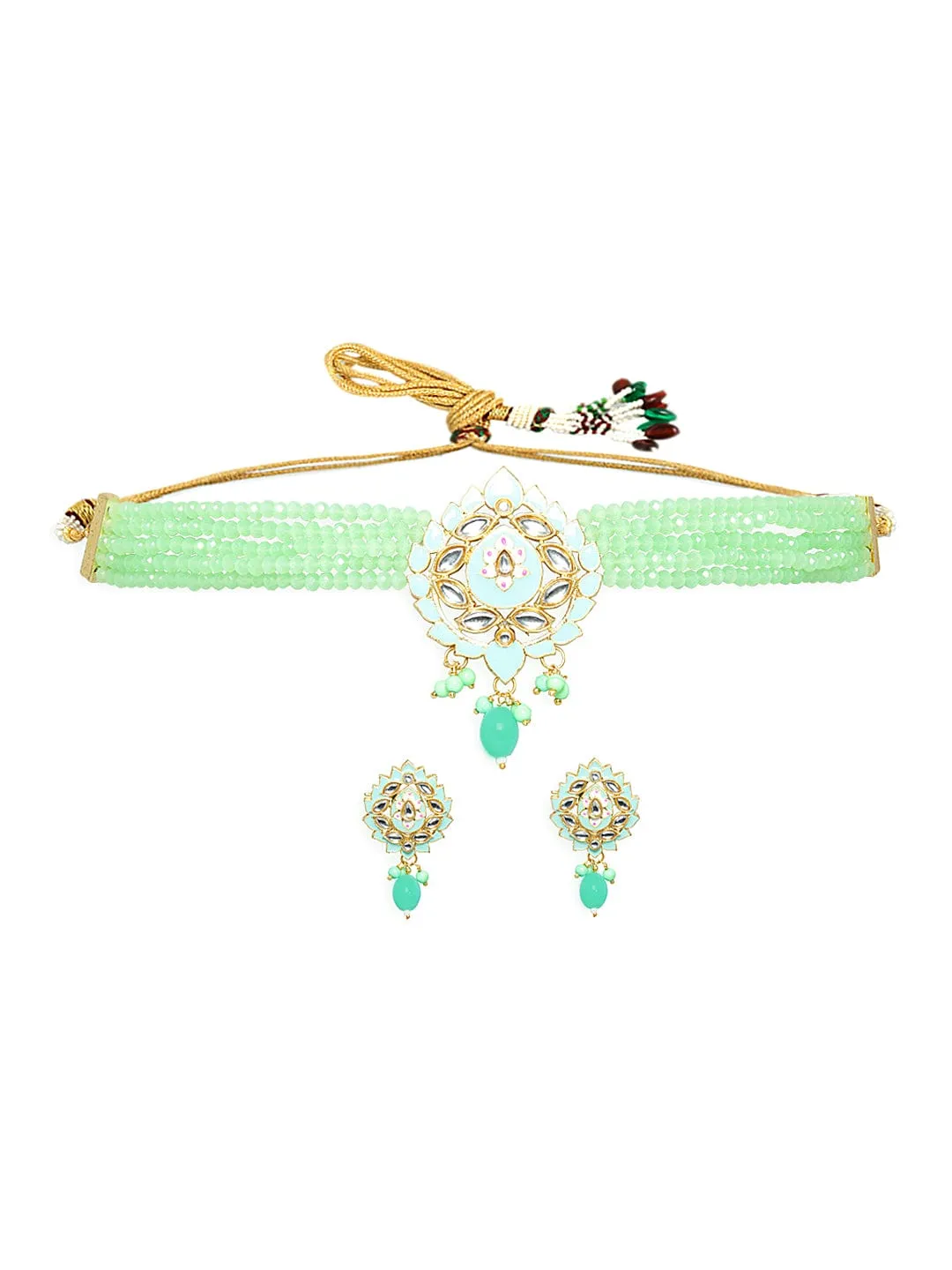 22K Gold-Plated Mint Green Beaded Choker Jewellery Set with Intricate Kundan Work