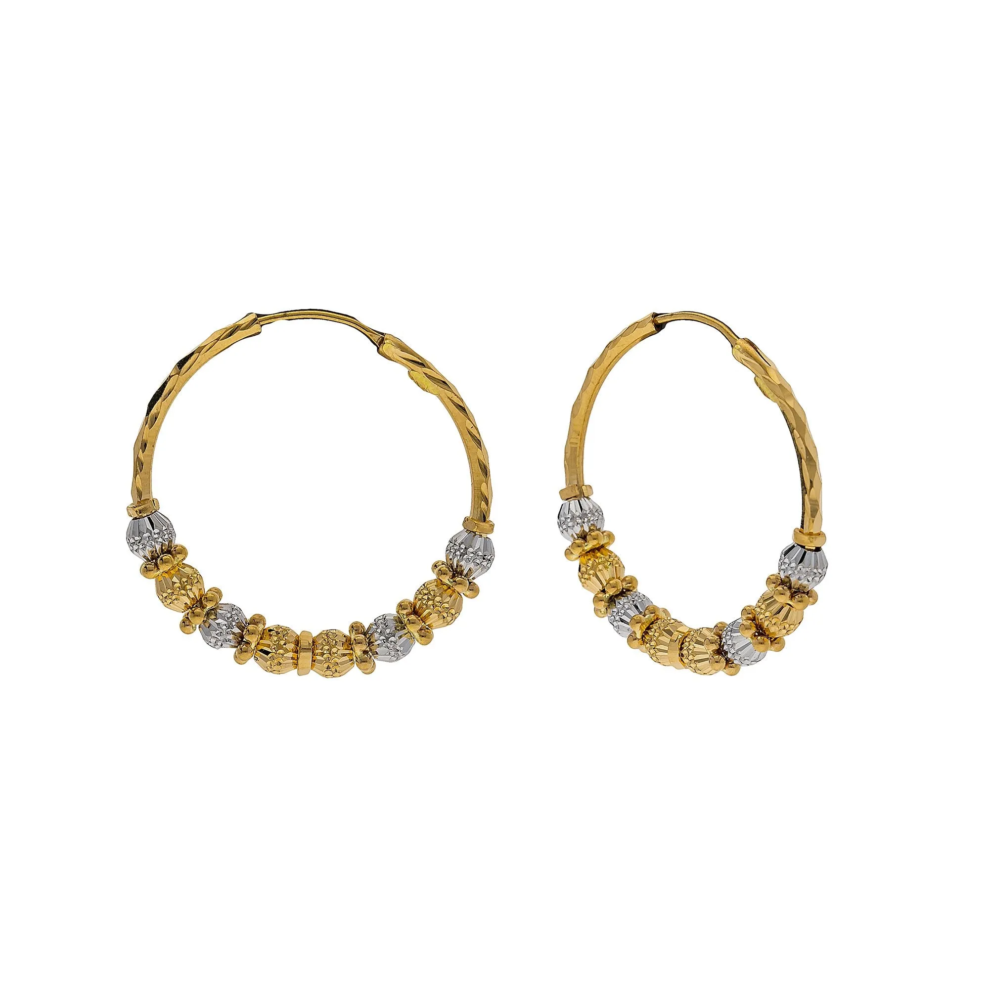 22K Multi Tone Gold Hoop Earrings W/ Gold Chiseled Bicone Beads