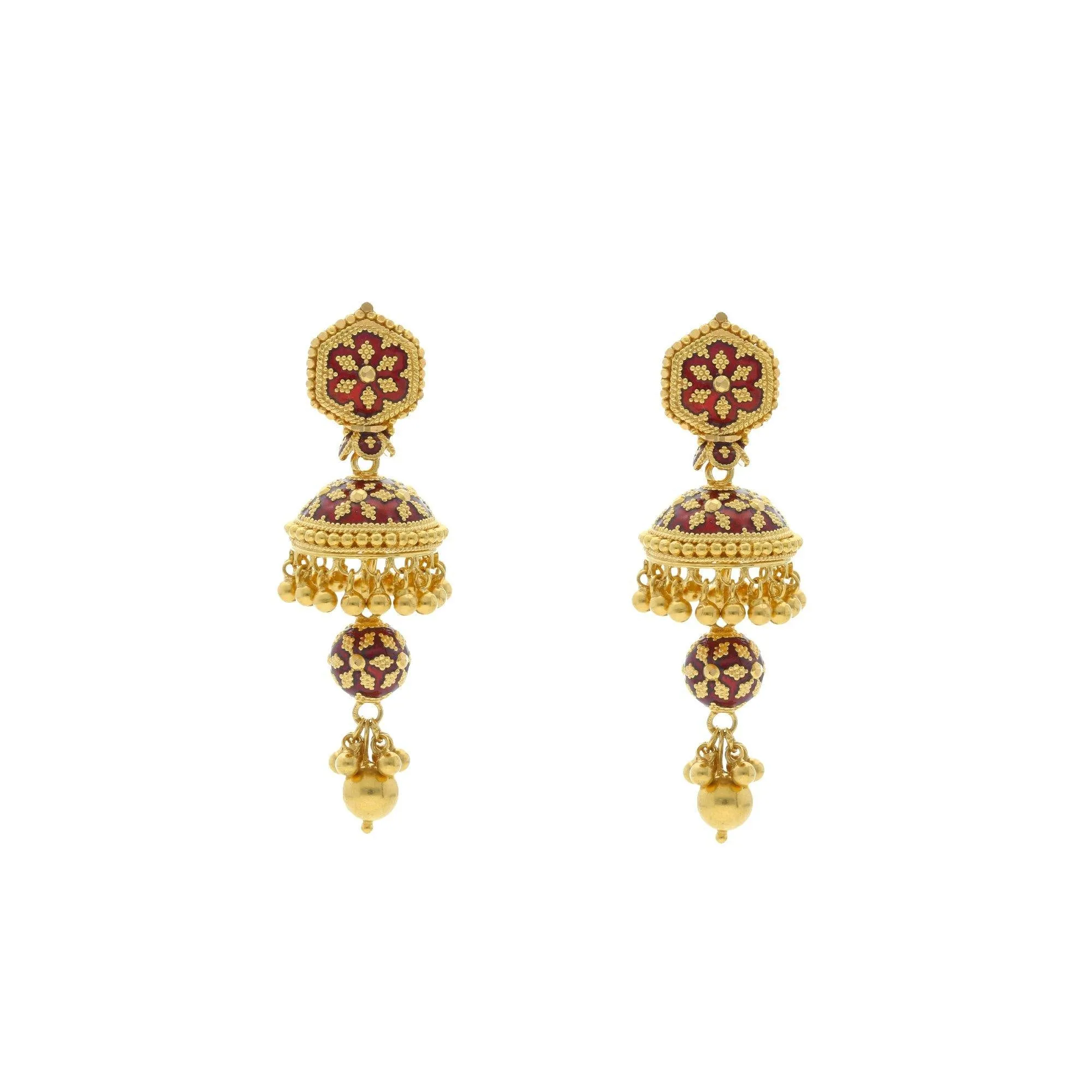 22K Yellow Gold Drop Earrings W/Meenakari Design, 20.6 grams