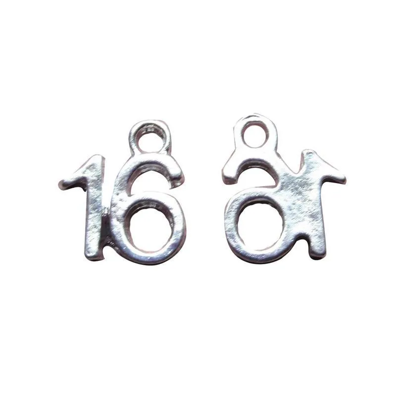 5 Pcs Silver Plated Number Sixteen '16' 13X10mm Charms Pendants