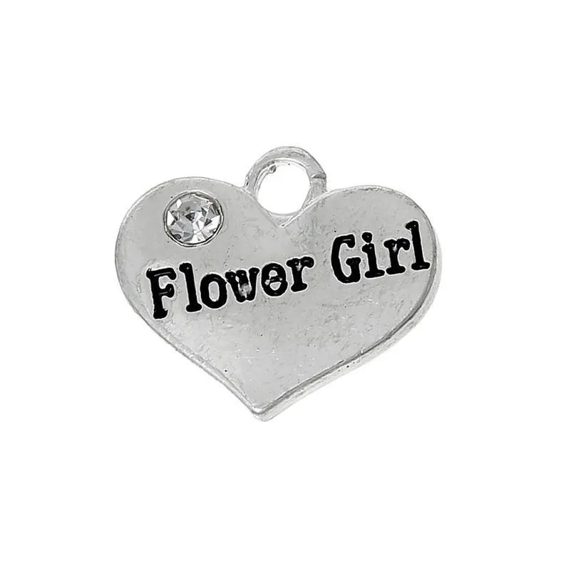 5 Pcs Tibetan Silver and Rhinestone Flower Girl Heart 14X16mm 3D Charms Pendants