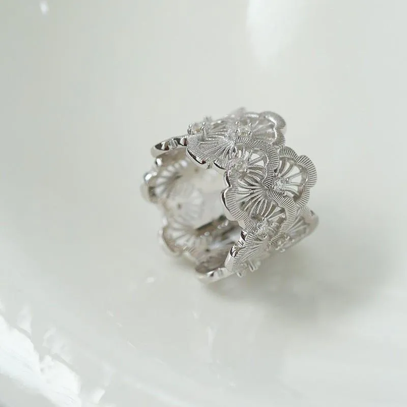 925 Silver New Lace Ring Brushed Matte Hollow Ring