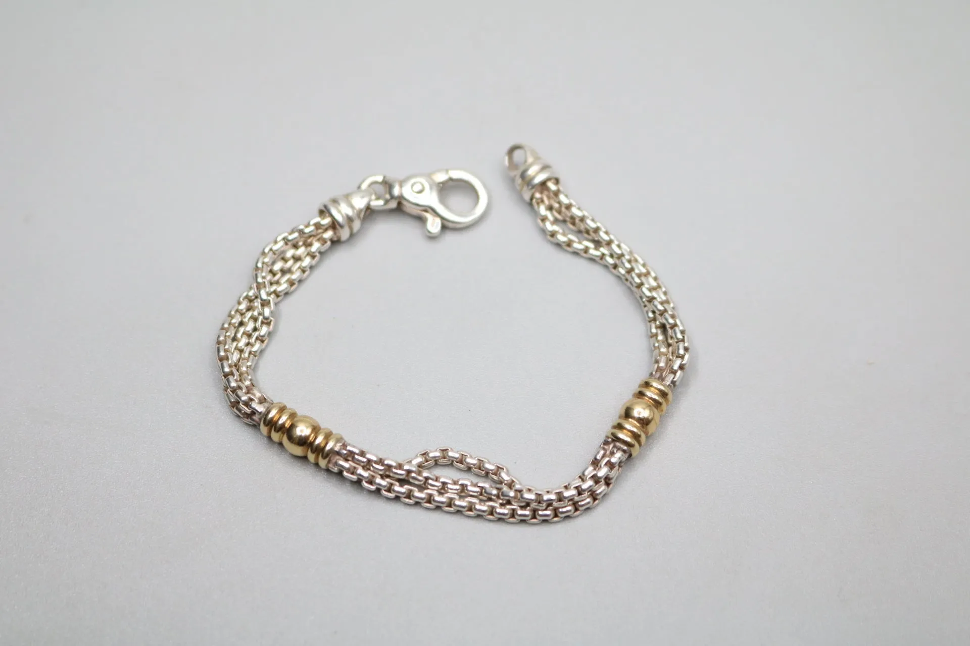 925 Silver/18K Yellow Gold Beaded Triple Chain Bracelet (7 1/2 inches)