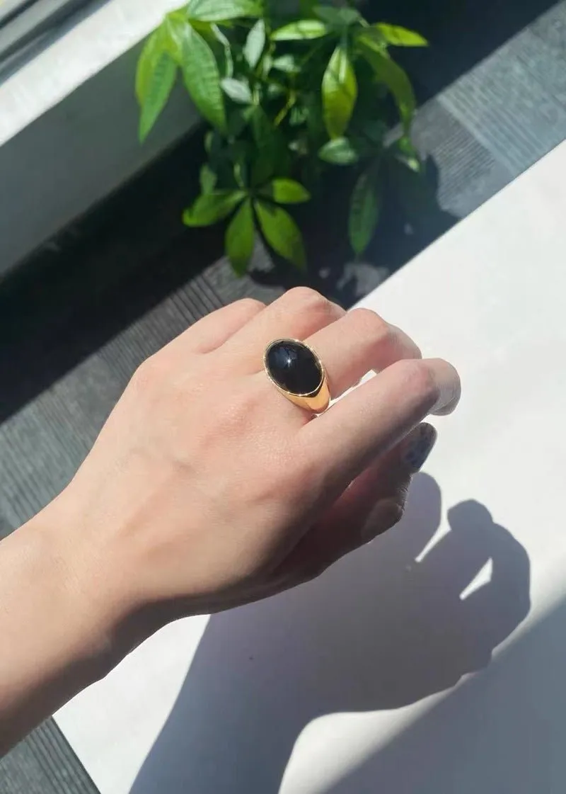 925 Sterling Silver Black Agate Oval Ring