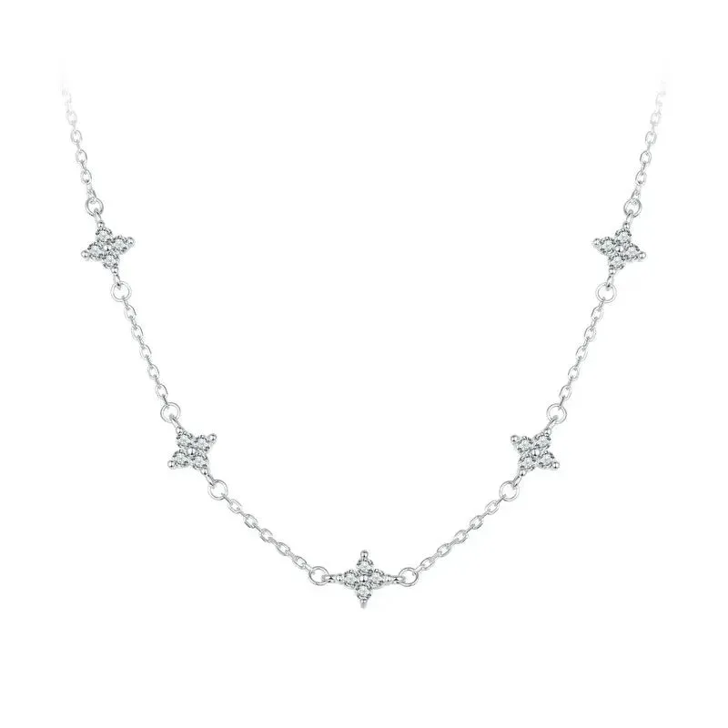 925 Sterling Silver Dainty Stars Necklace for Women, Four-Leaf Clover CZ Choker Chain Necklace Trendy Jewelry Gift