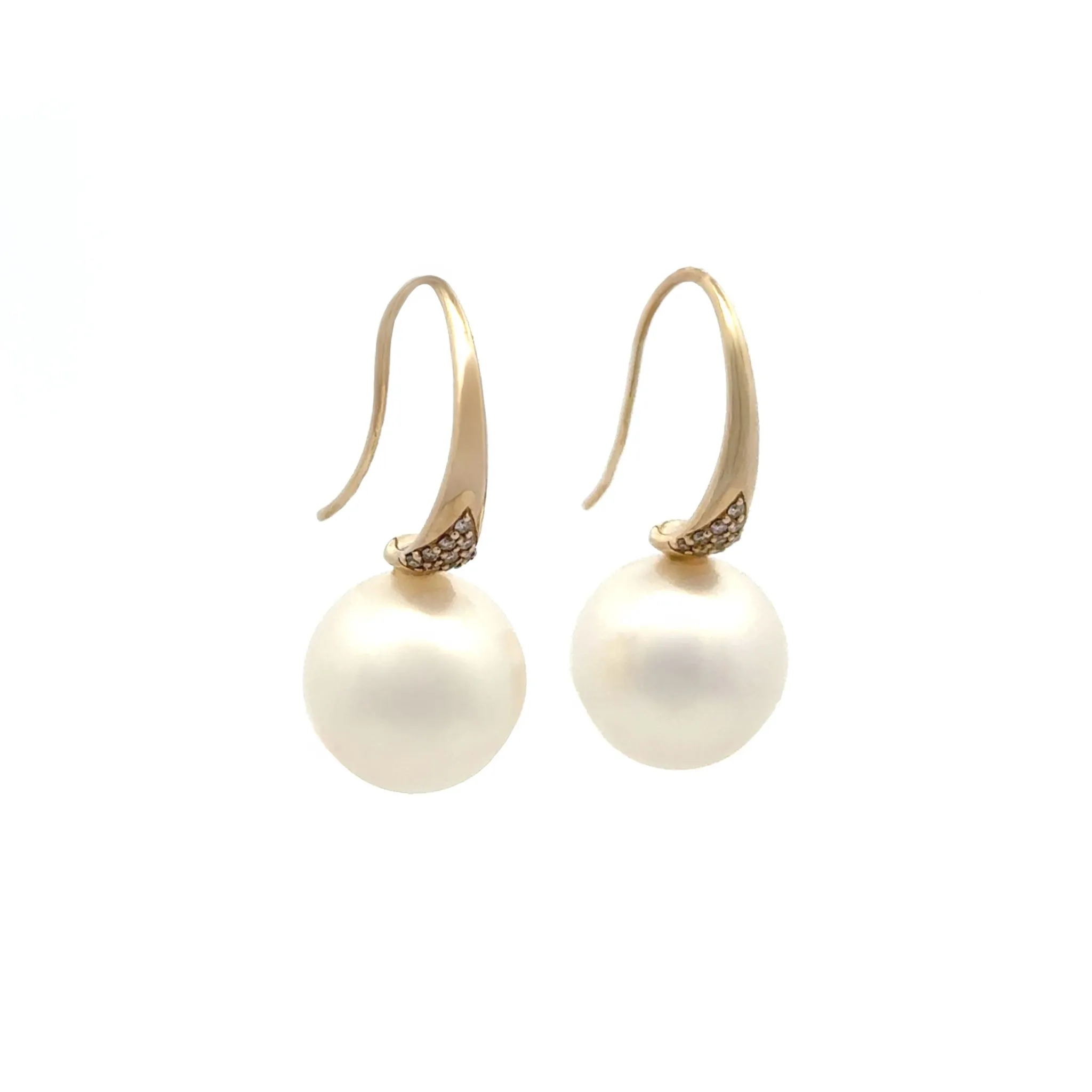 9K Yellow Gold Australian South Sea 12-13mm Cultured Pearl and Argyle Diamond Hook Earrings