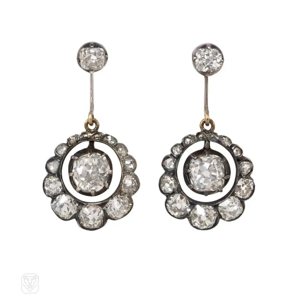 Antique cushion-cut diamond pendant earrings