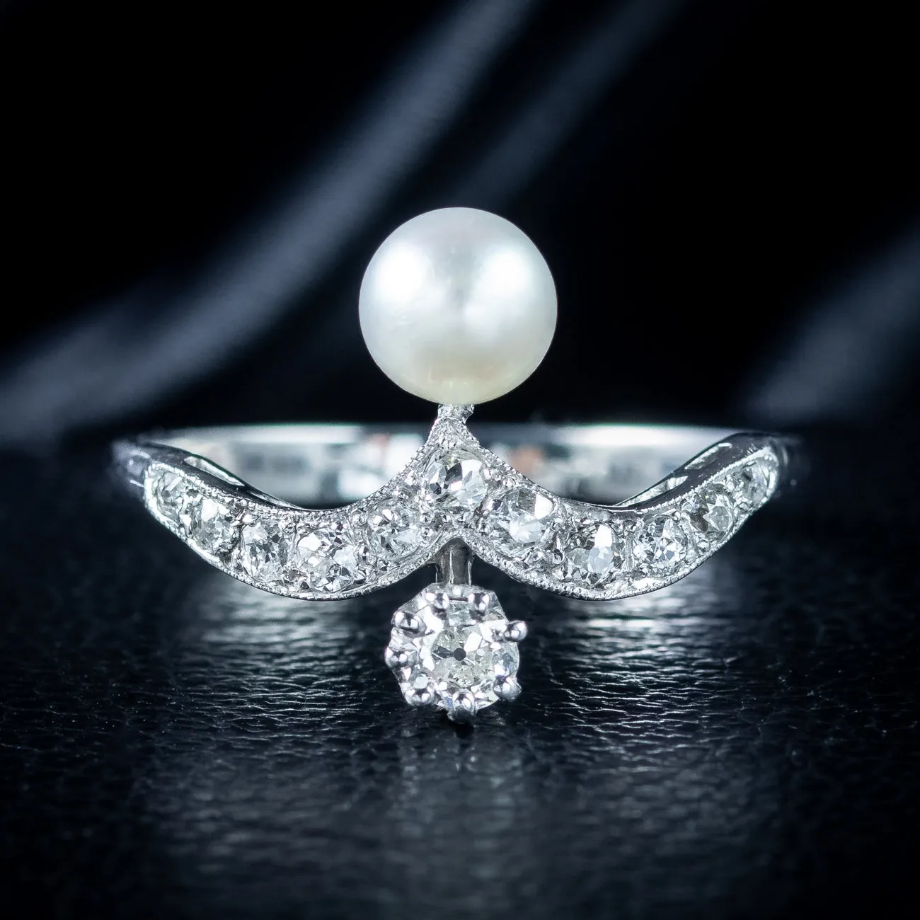 Antique Edwardian Diamond Pearl Toi Et Moi Tiara Ring 0.50ct Total