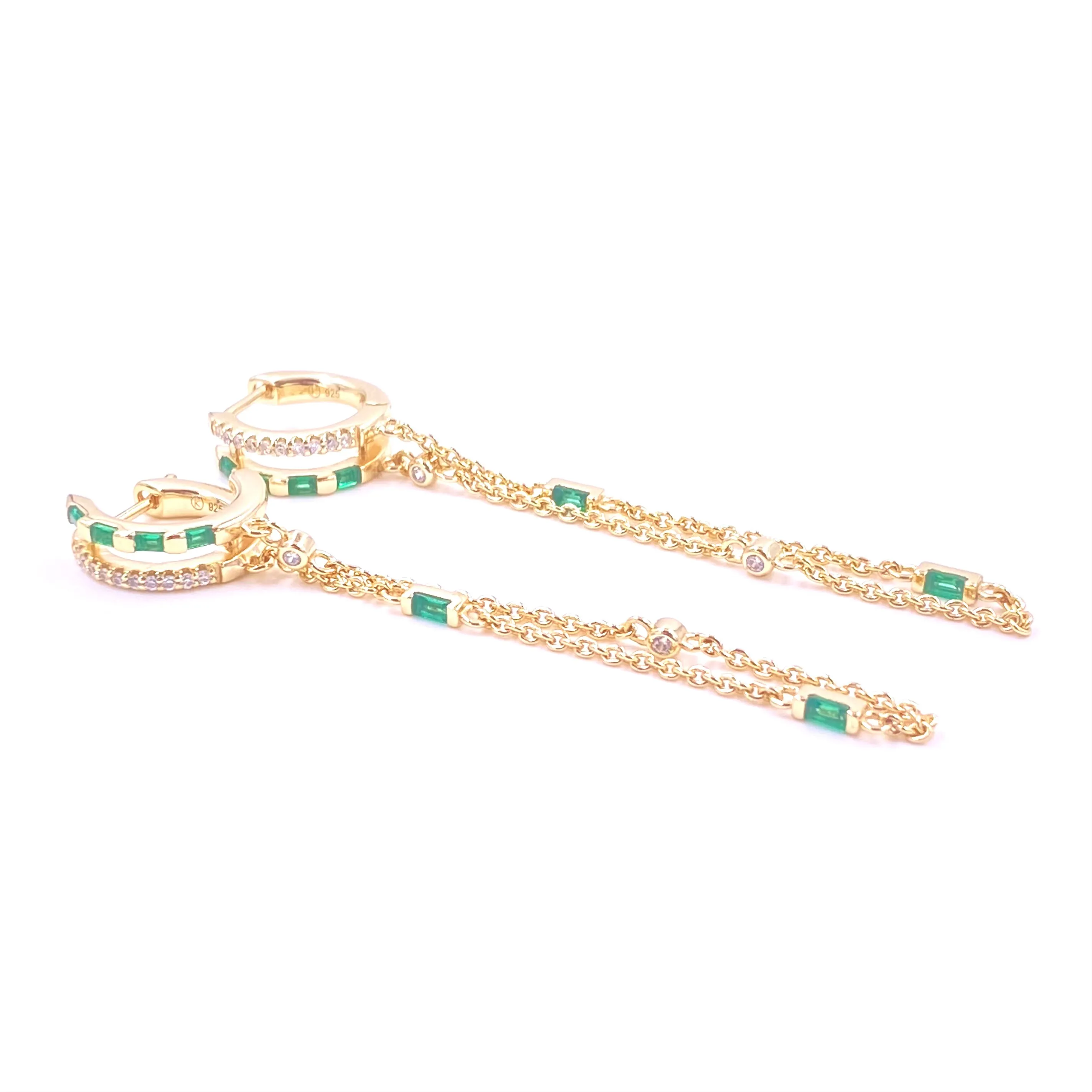 Ashley Gold Sterling Silver Gold Plated Emerald Double CZ Hoop Drop Chain Earrings