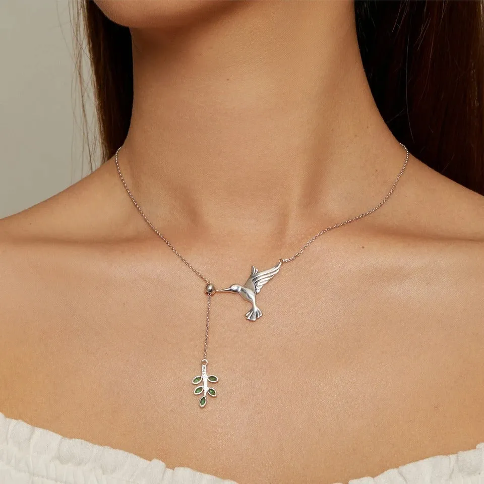 Authentic 925 Sterling Silver Spring Bird & Tree Leaf Leaves Dangle Pendant Necklace for Women Silver Jewelry