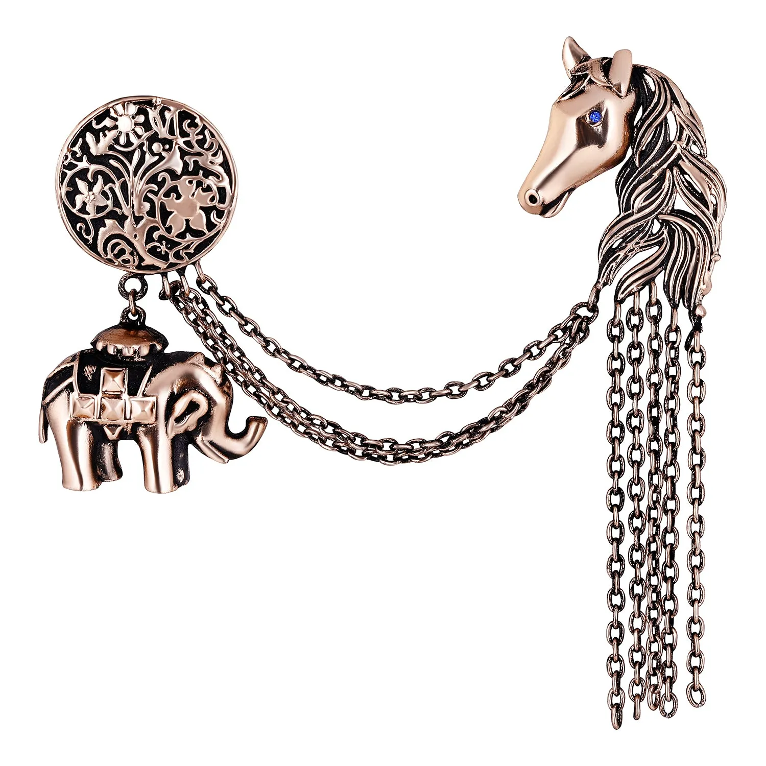 Baby Elaphant and Horse Face Shaped Floral Brooch Pin with Chain