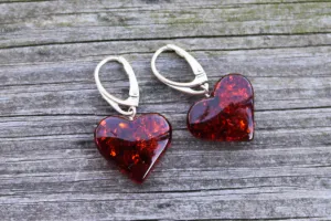 Baltic Amber Heart Earrings Cherry Natural Dangling Jewelry 1.4″ 4.7 gram 925 Silver