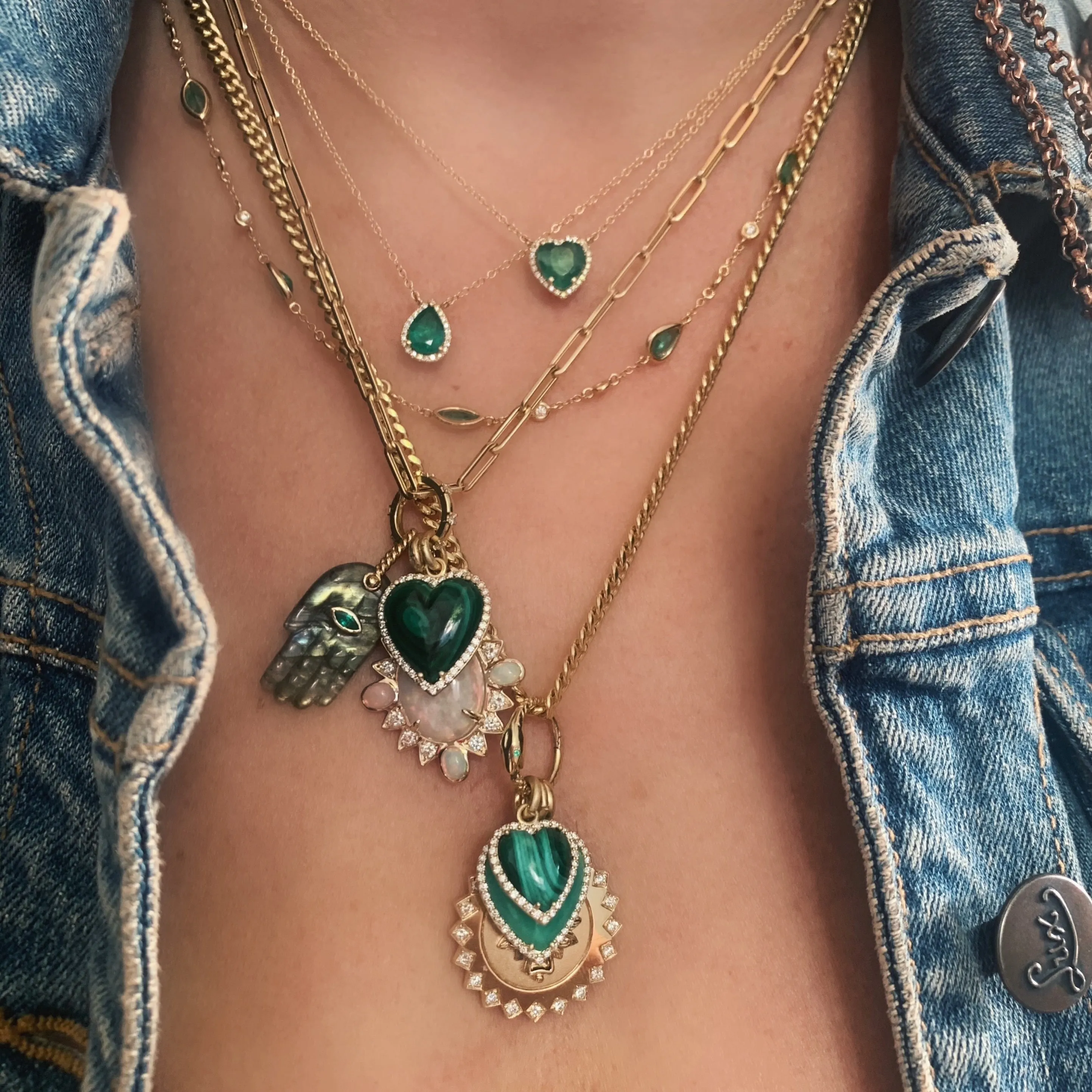 Bezel Set Emerald Shapes & Diamonds by the Yard Necklace