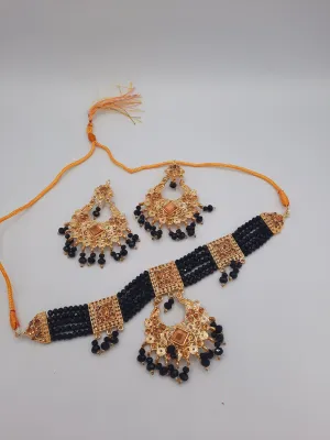 Black guluband choker with earrings and teeka