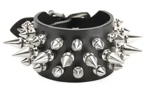 Black Leather Bracelet w/ 3 Rows of Multi-Sized Silver Spikes