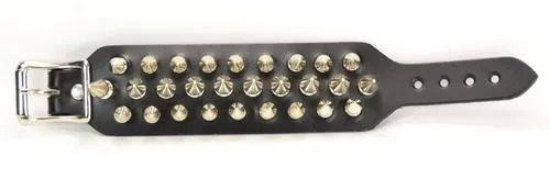 Black Leather Bracelet w/ 3 Rows of Multi-Sized Silver Spikes