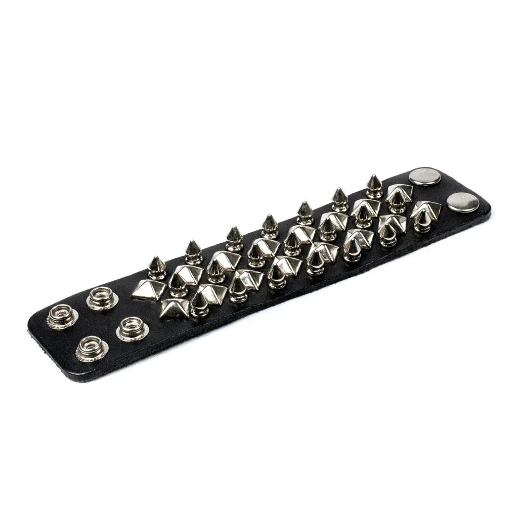 Black Leather Bracelet w/ 4 Rows of Silver Pyramid Studs and Spikes