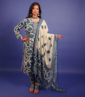 Blue Floral Print Cotton Kurta set with Dupatta