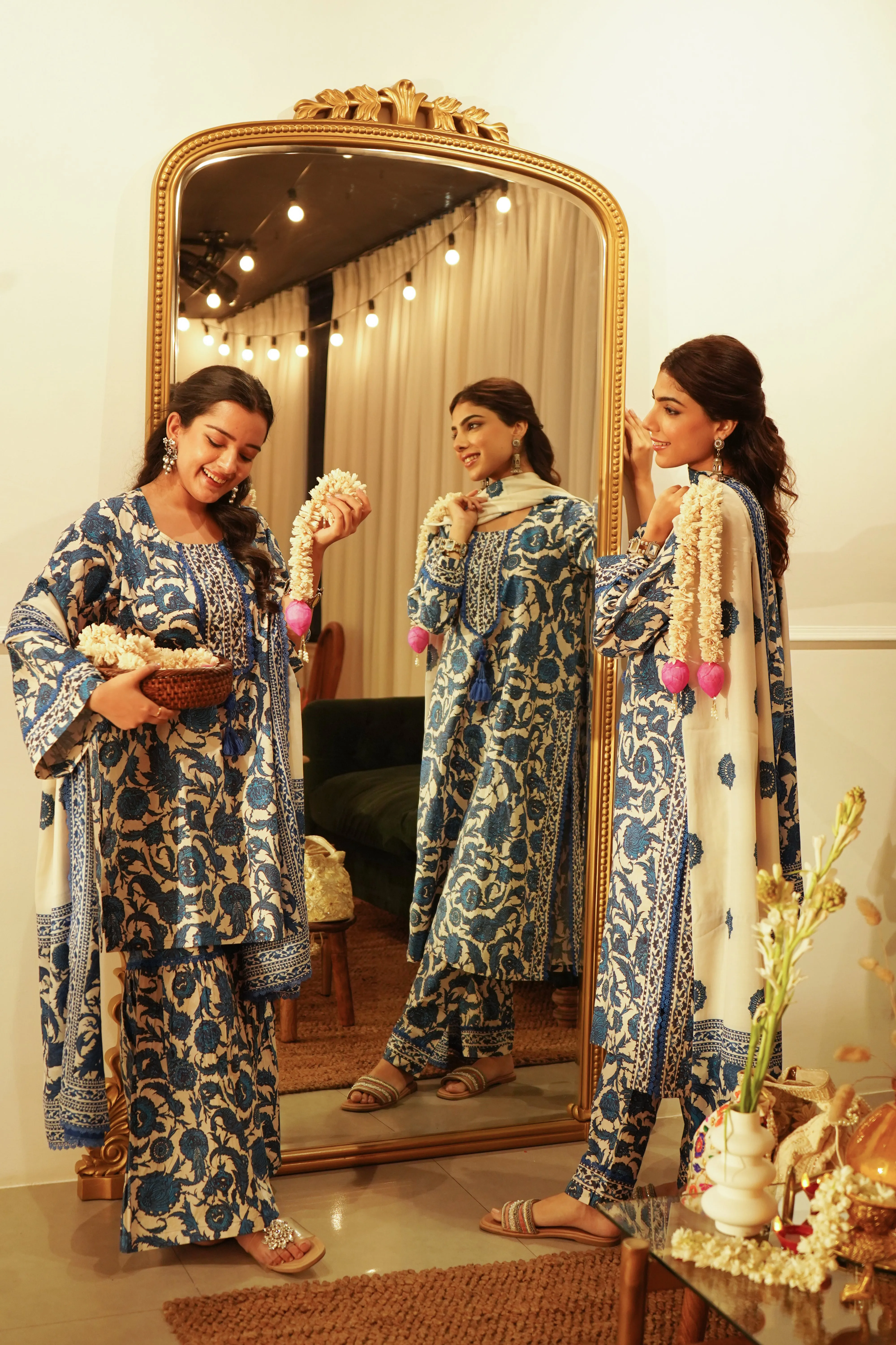 Blue Floral Print Cotton Kurta set with Dupatta