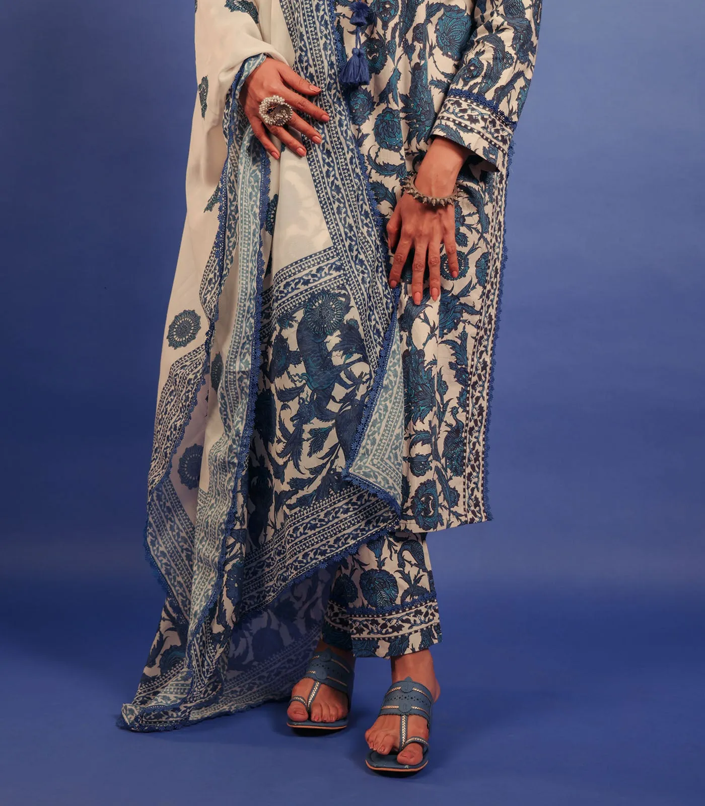 Blue Floral Print Cotton Kurta set with Dupatta