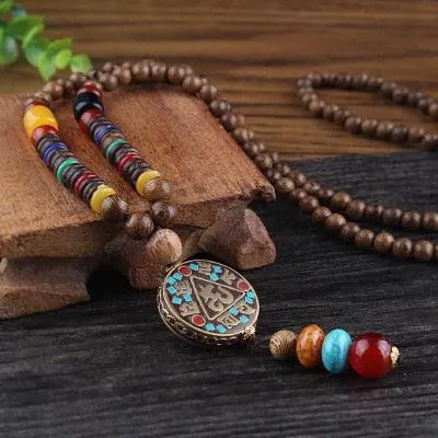 Boho Buddhist Wood Pendant Necklace