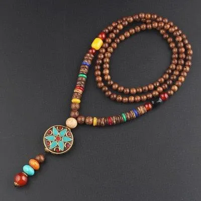 Boho Buddhist Wood Pendant Necklace