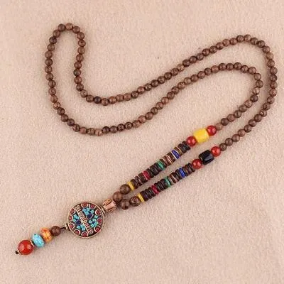 Boho Buddhist Wood Pendant Necklace