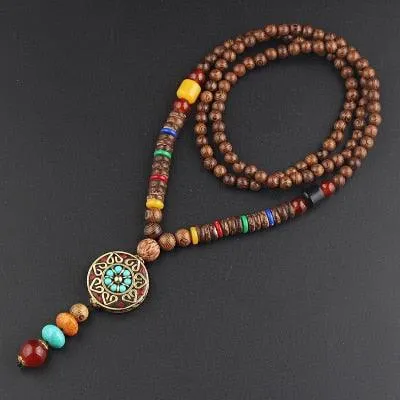 Boho Buddhist Wood Pendant Necklace