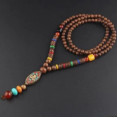 Boho Buddhist Wood Pendant Necklace