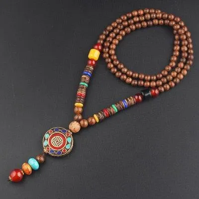 Boho Buddhist Wood Pendant Necklace