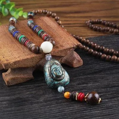 Boho Buddhist Wood Pendant Necklace