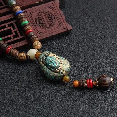 Boho Buddhist Wood Pendant Necklace