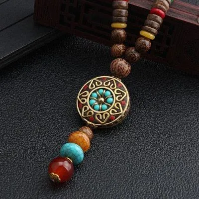 Boho Buddhist Wood Pendant Necklace