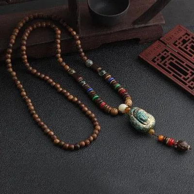 Boho Buddhist Wood Pendant Necklace