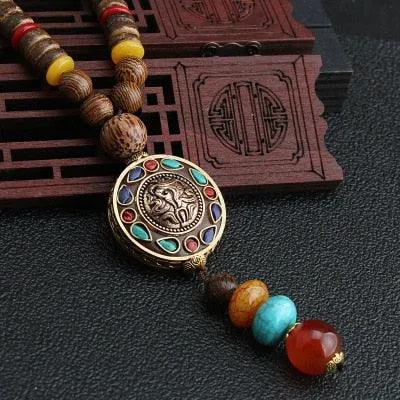 Boho Buddhist Wood Pendant Necklace